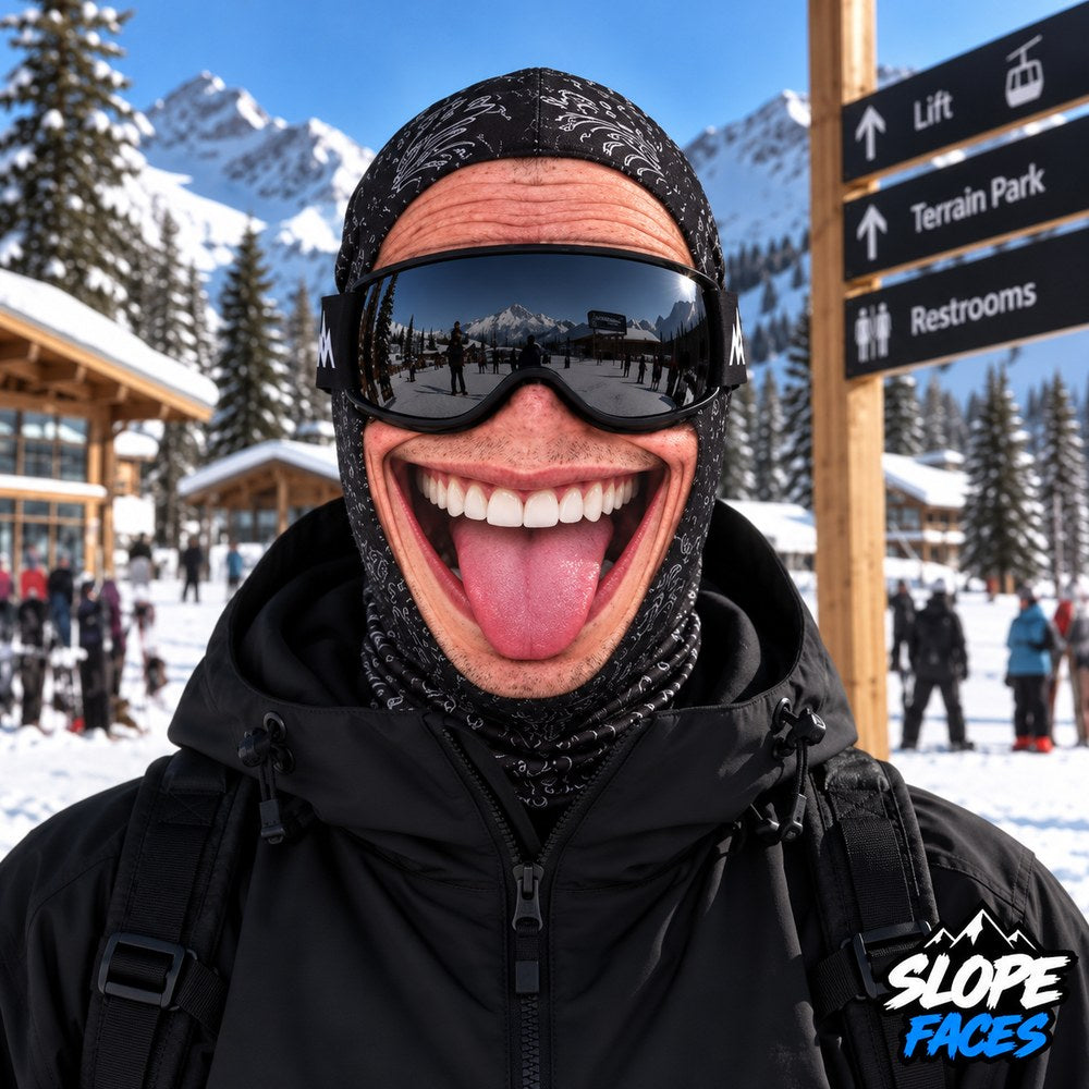 The Tongue ski balaclava worn with goggles