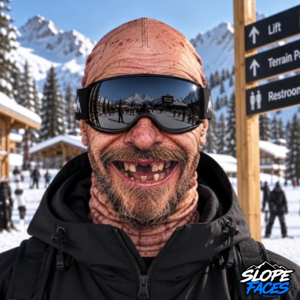 Buck Teeth ski balaclava worn with goggles