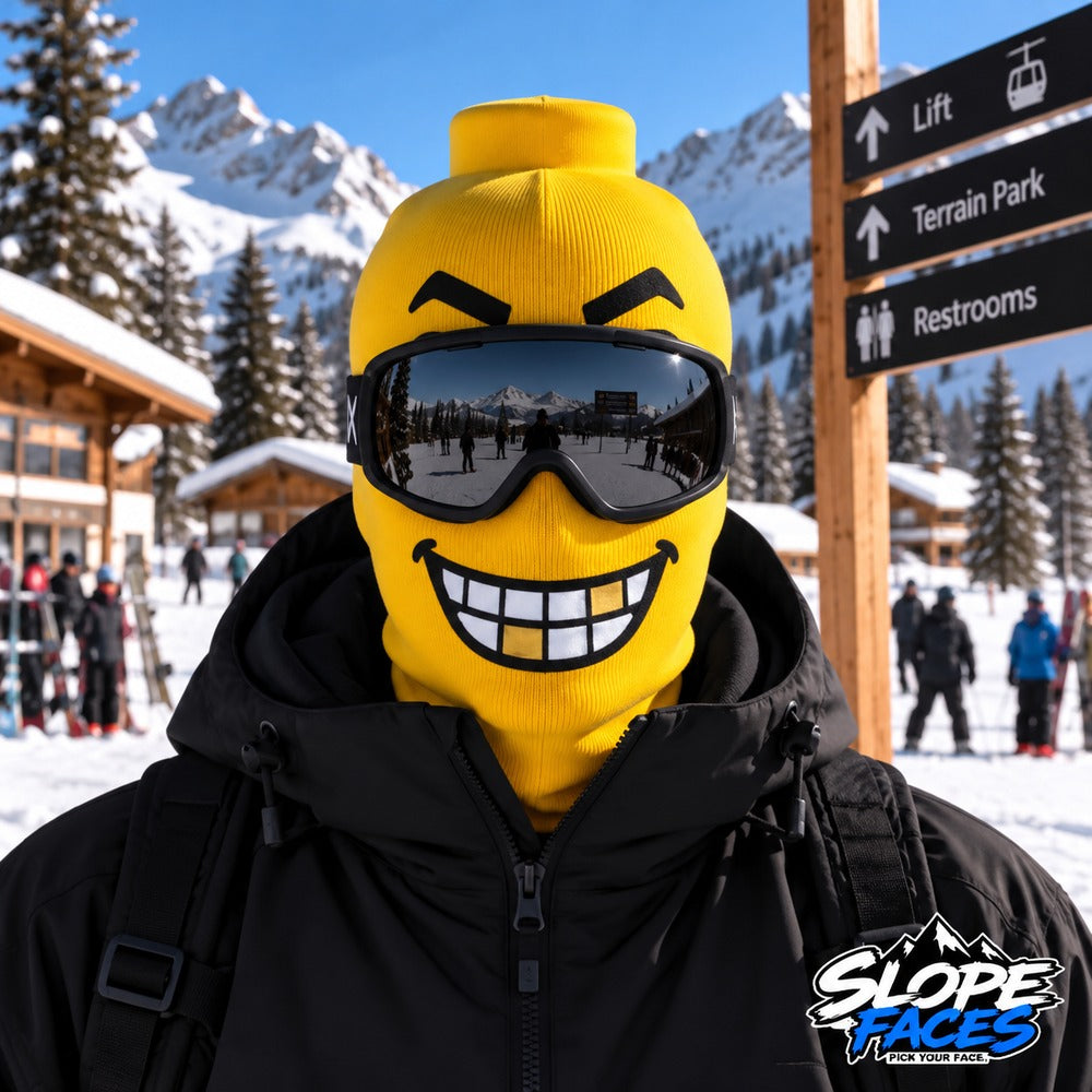 Gold Tooth ski balaclava worn with goggles