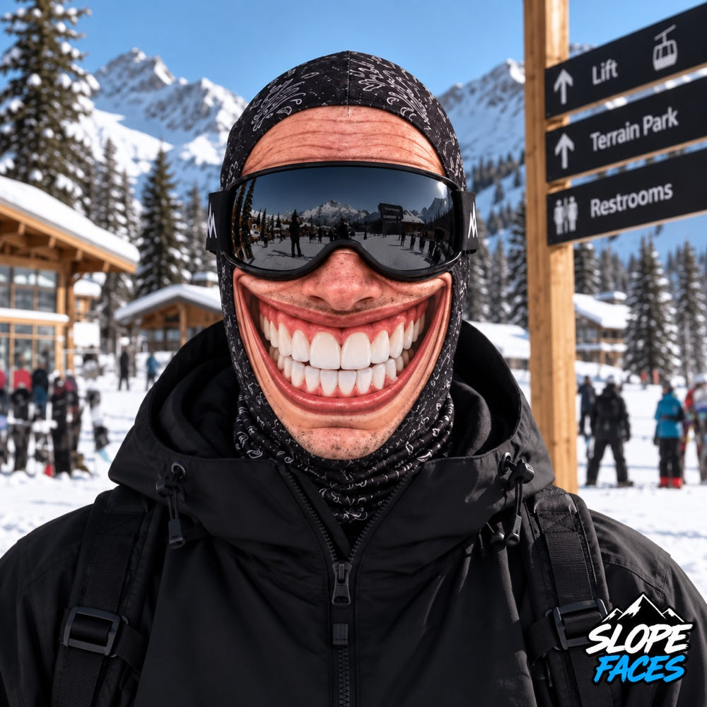 The Grin ski balaclava worn with goggles