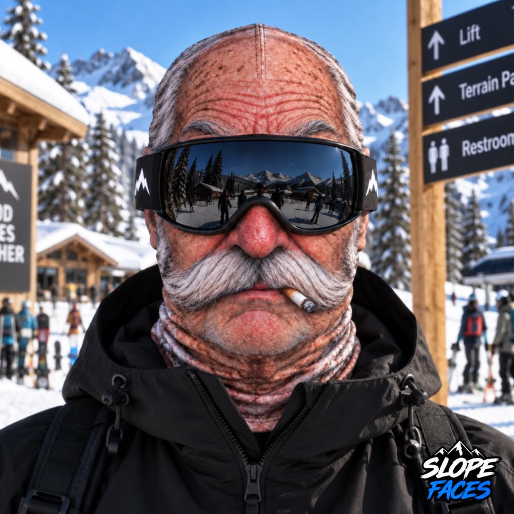 The Stache ski balaclava worn with goggles
